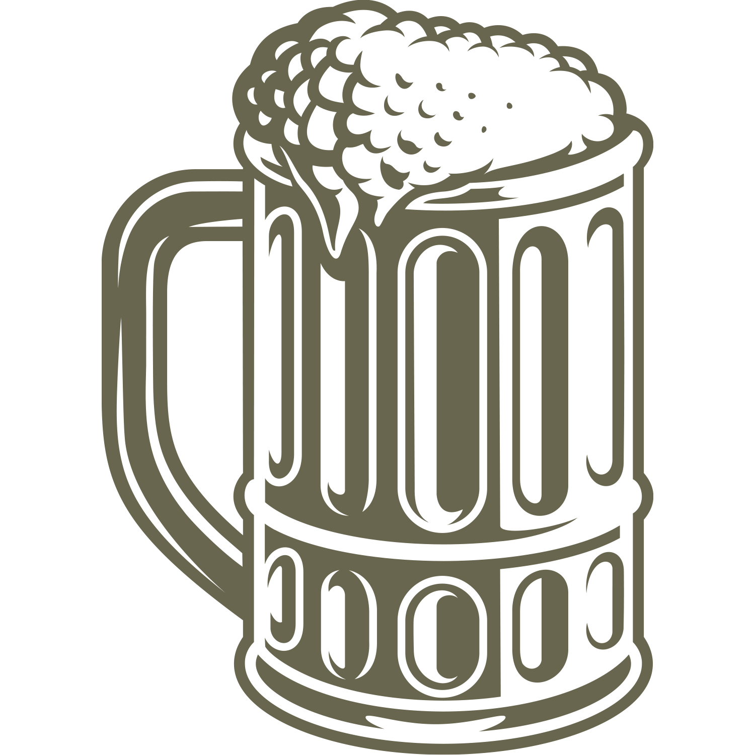 Detailed beer mug with thick handle, frothy foam overflow, and vintage-style glass texture—designed for Delrin leather stamping.