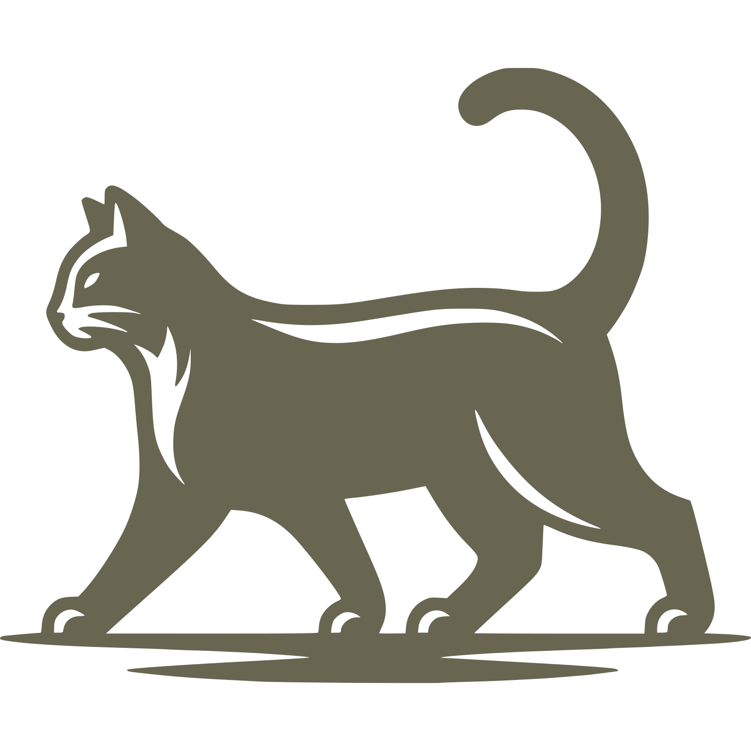 Delrin leather stamp design of a walking cat with a curved tail and sleek body lines, captured in a confident pose.