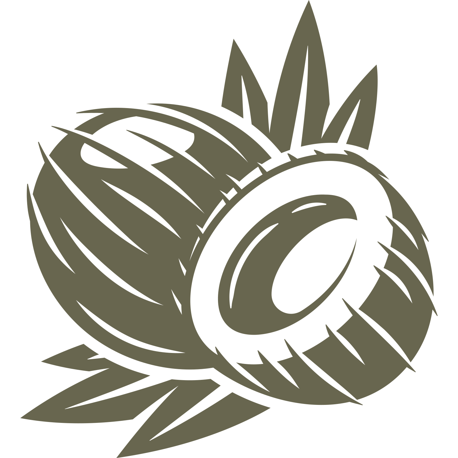 Coconut stamp design with split coconut and tropical leaves