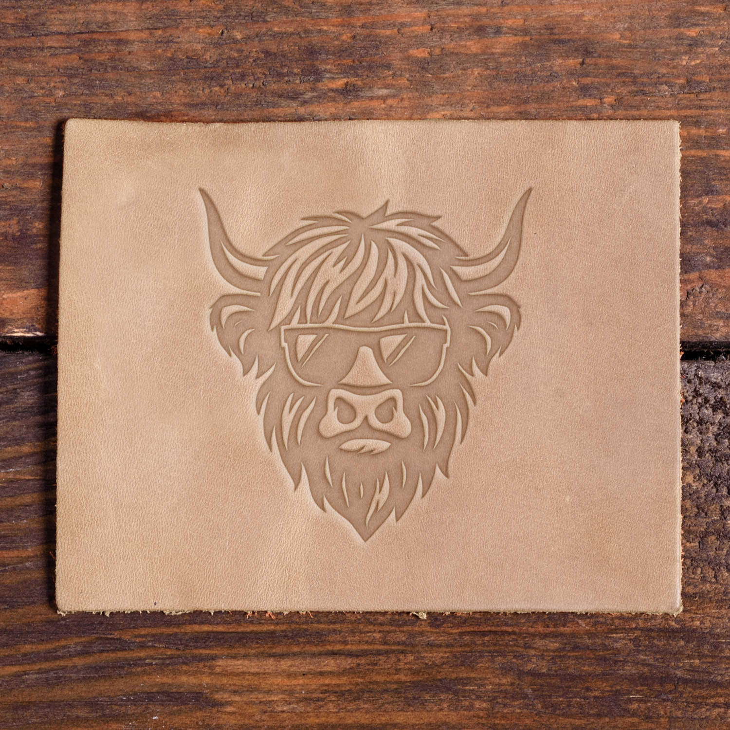 Highland Cow Wearing Sunglasses Delrin Leather Stamp