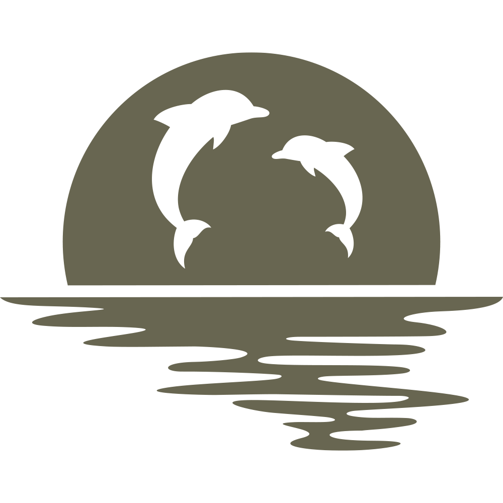 Delrin leather stamp design of two dolphins leaping in front of a setting sun, with rippling water below—ideal for ocean-themed leathercraft, beachy gifts, or nautical projects.