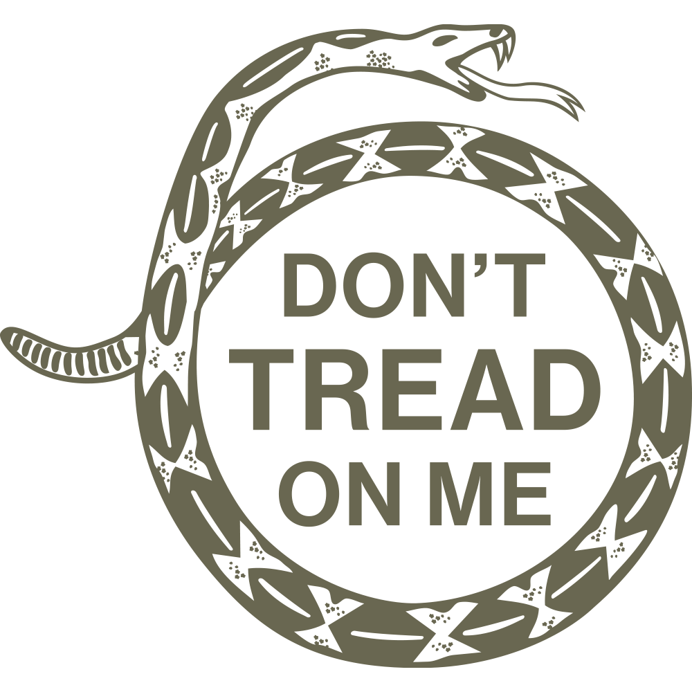 “Don’t Tread on Me” design featuring a coiled rattlesnake forming a circular border with bold text inside.