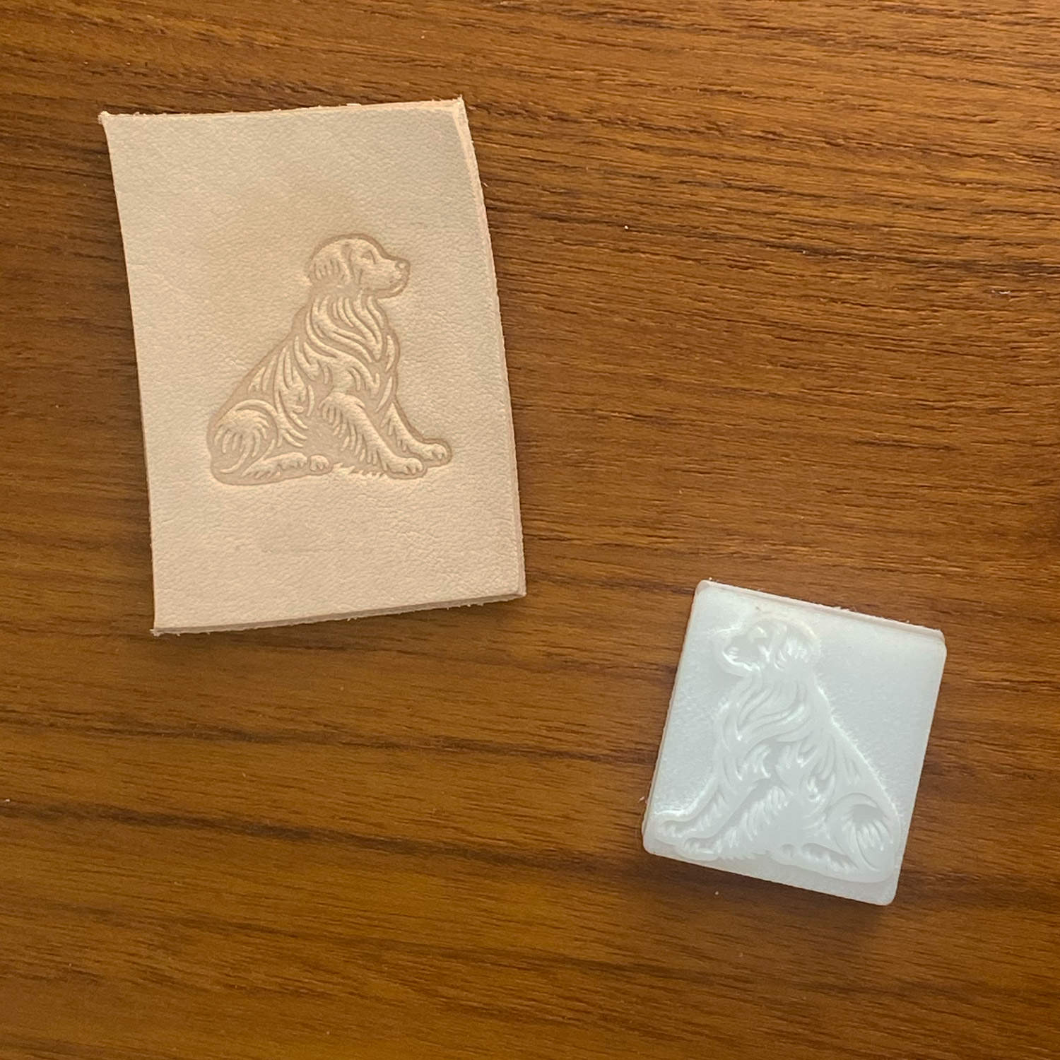 Leather sample featuring a stamped Golden Retriever, made using a Delrin leather stamp—perfect for dog enthusiasts, custom engraving, and leatherworking designs.