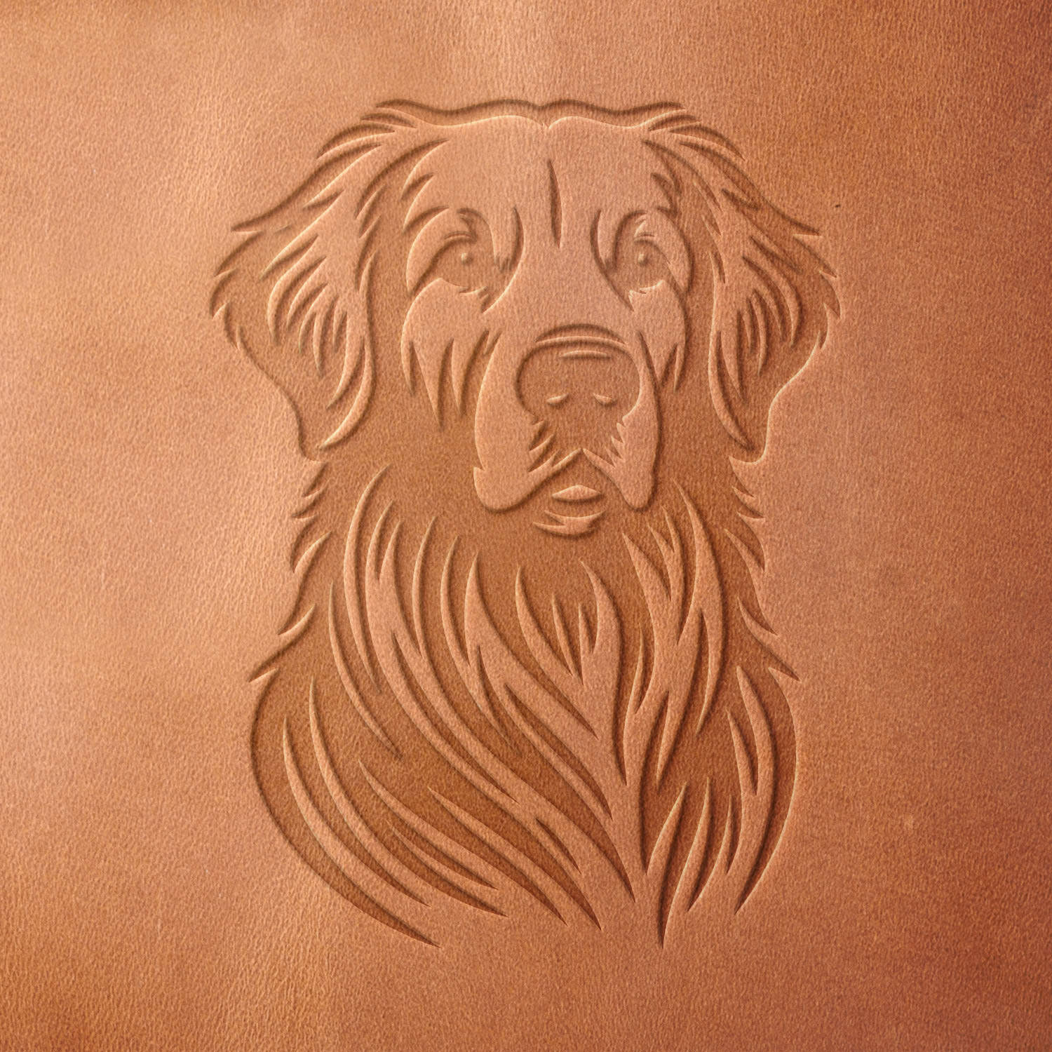 Leather sample with a crisp Golden Retriever stamp impression from a Delrin leather stamp, ideal for creating high-quality dog-themed leathercraft projects.