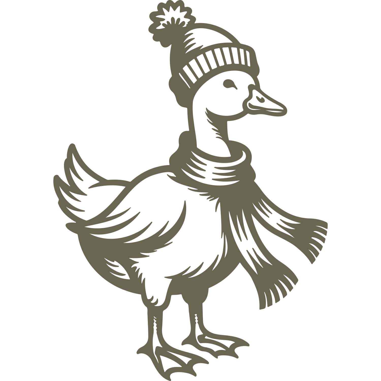 Delrin leather stamp design of a duck wearing a winter hat and scarf, combining cozy charm with playful detail.