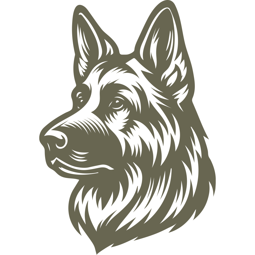 Detailed German Shepherd head design featuring upright ears, focused expression, and textured fur—made for a Delrin leather stamp ideal for dog lovers and working dog projects.