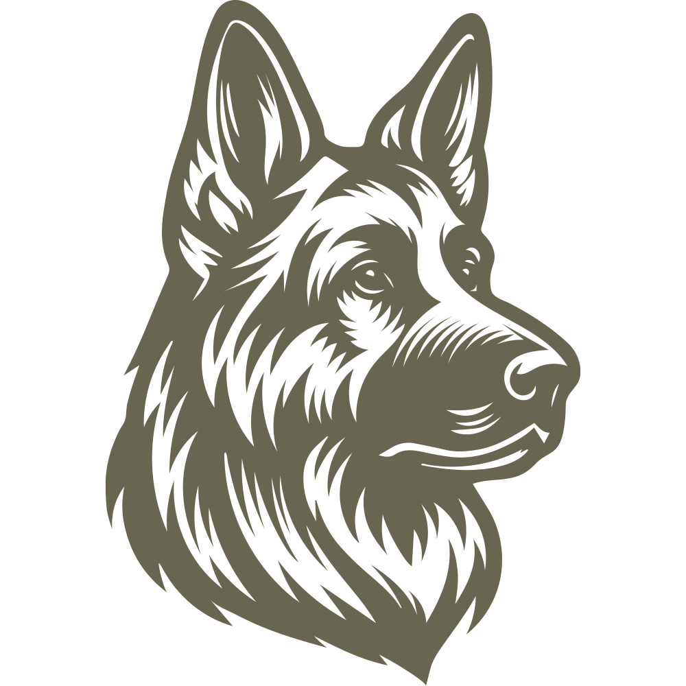 Detailed German Shepherd head design featuring upright ears, focused expression, and textured fur—made for a Delrin leather stamp ideal for dog lovers and working dog projects.