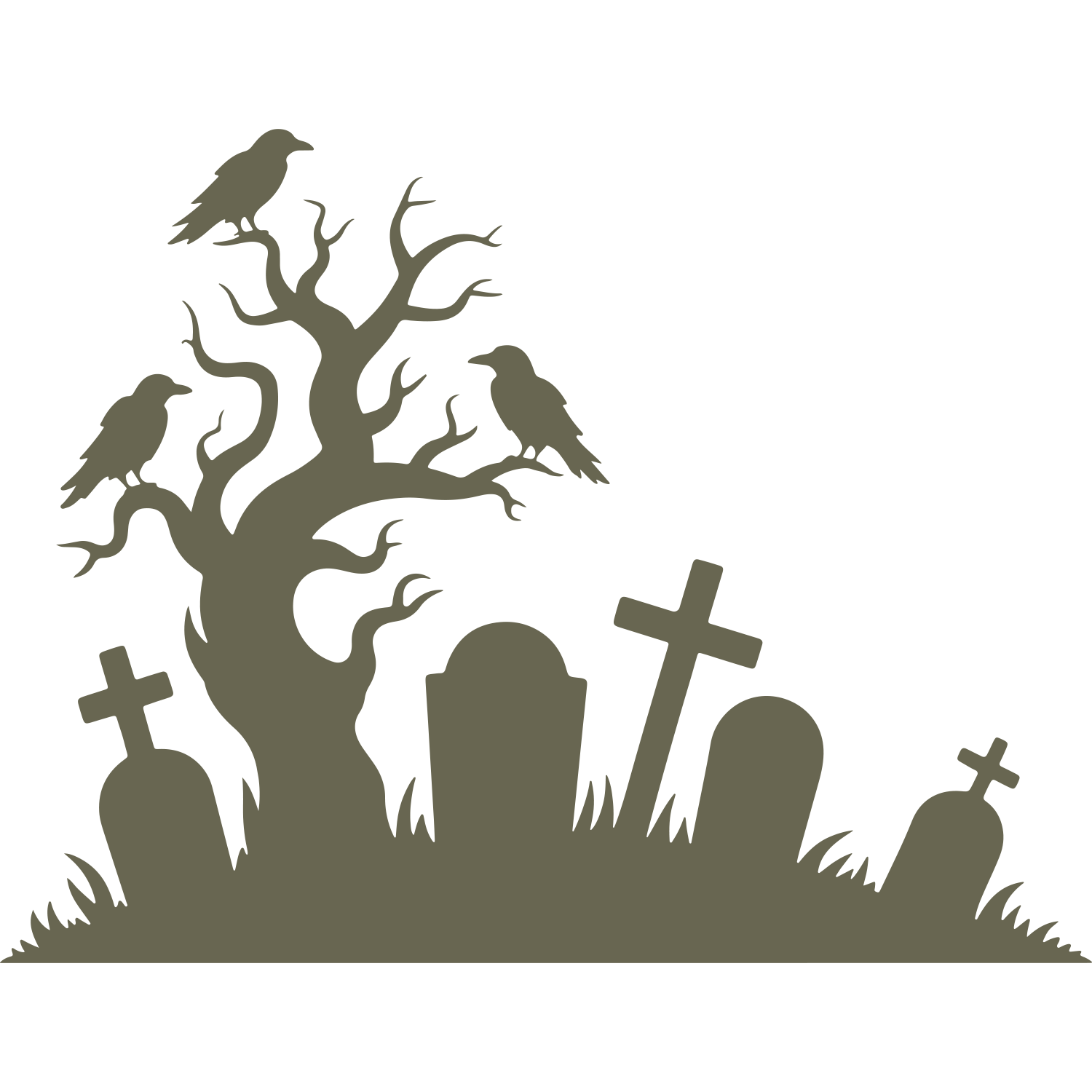 Delrin leather stamp design of a spooky graveyard scene with a gnarled tree, perched crows, and leaning gravestones—perfect for Halloween-themed leather projects.
