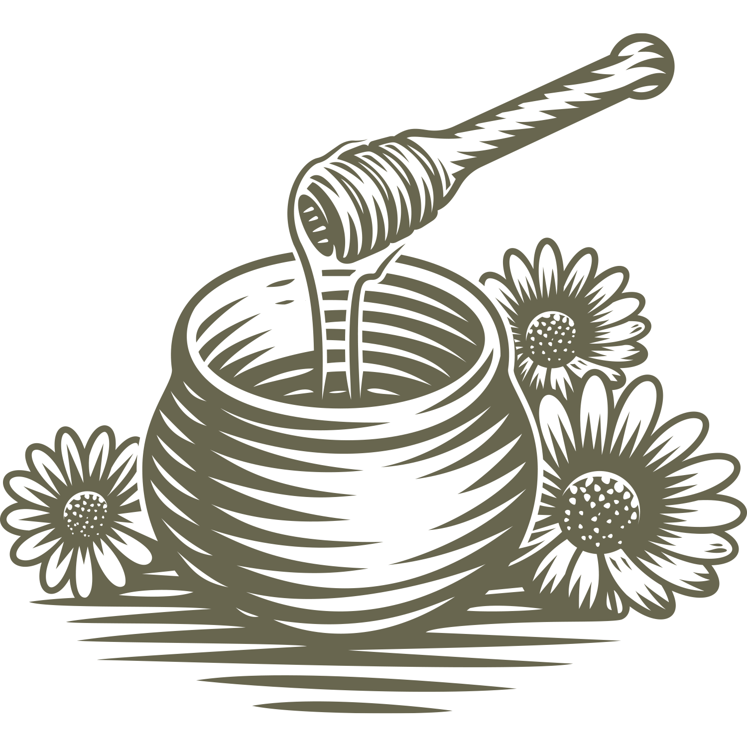 Honey dipper drizzling into a jar with flowers, illustrated in a rustic, woodcut style