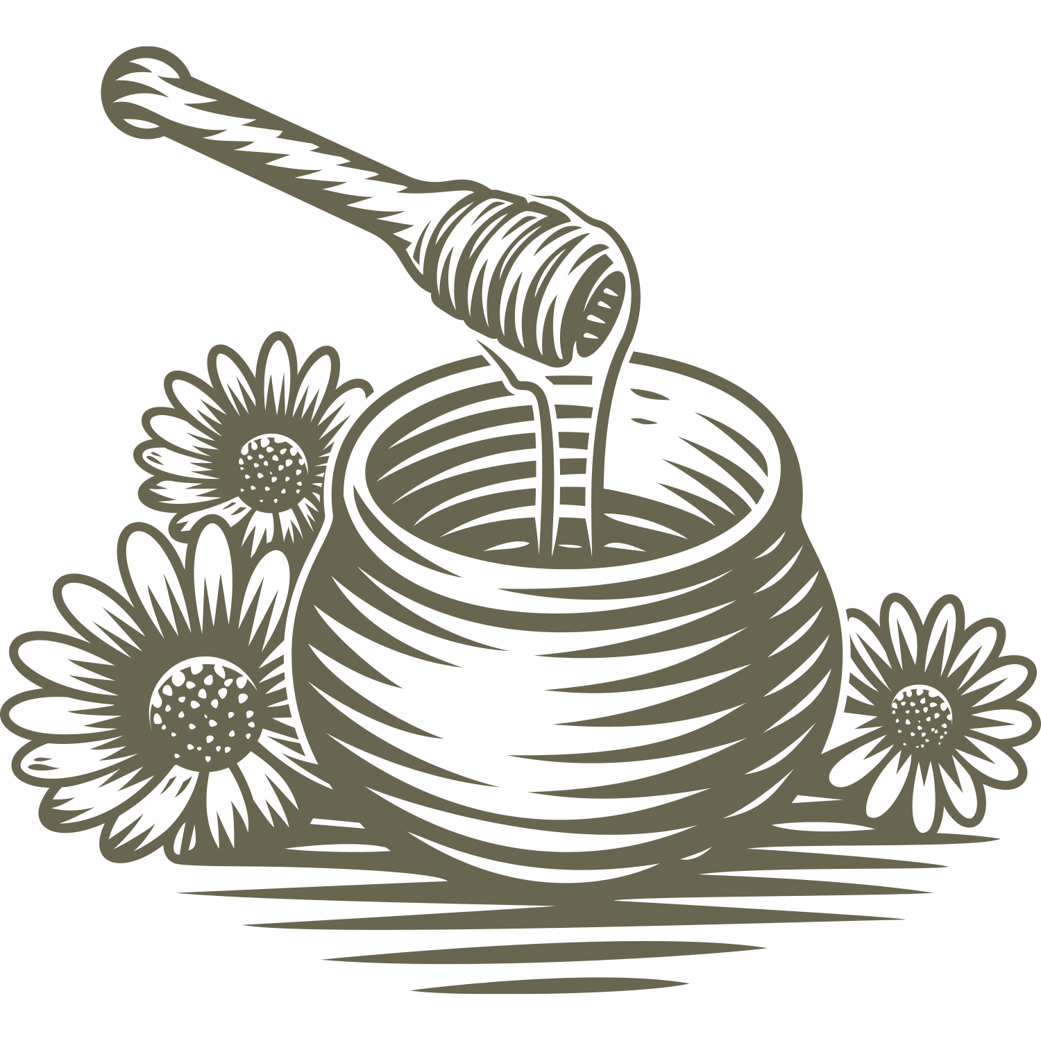 Honey dipper drizzling into a jar with flowers, illustrated in a rustic, woodcut style