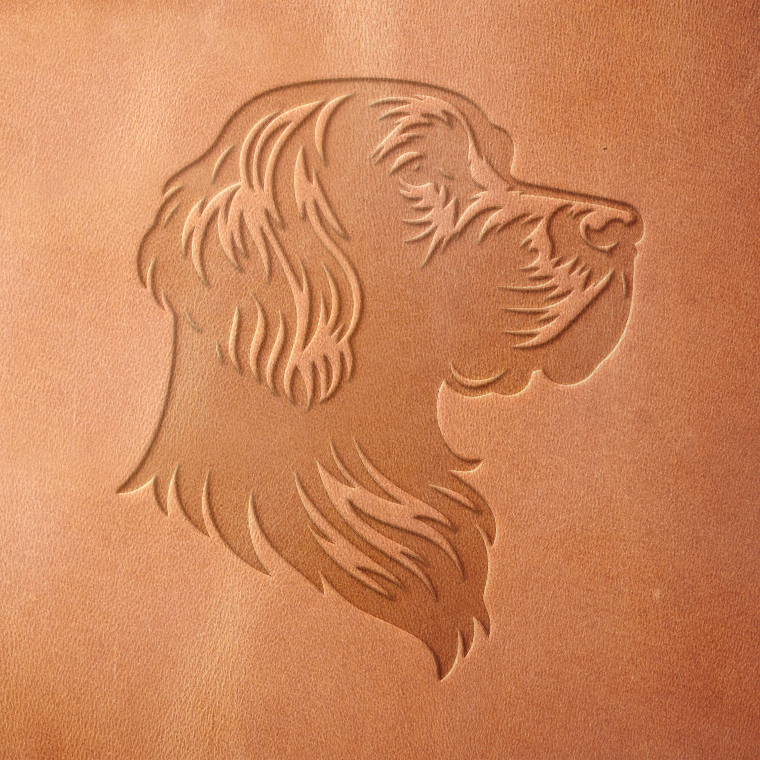 Leather piece stamped with a Delrin leather stamp of an Irish Setter’s head, capturing the breed’s elegant features and calm expression.