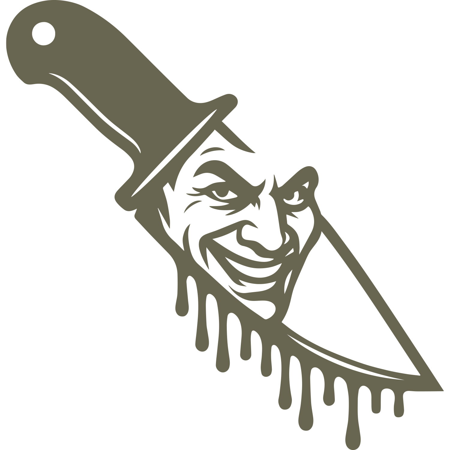 Delrin leather stamp design of a dripping knife with a sinister smiling face reflected in the blade, perfect for horror or Halloween-themed leather projects.