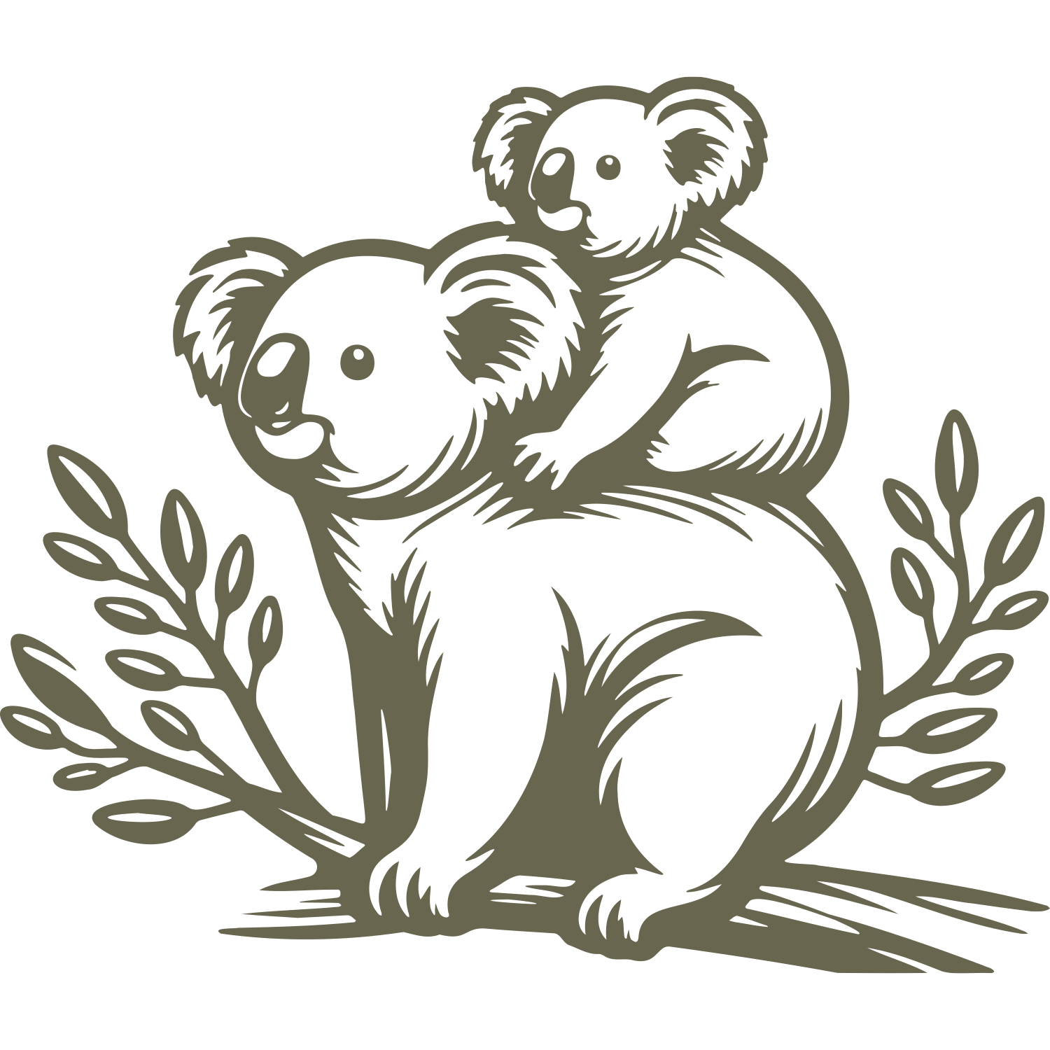 Illustration of a koala with a baby on its back, designed for Delrin leather stamping.