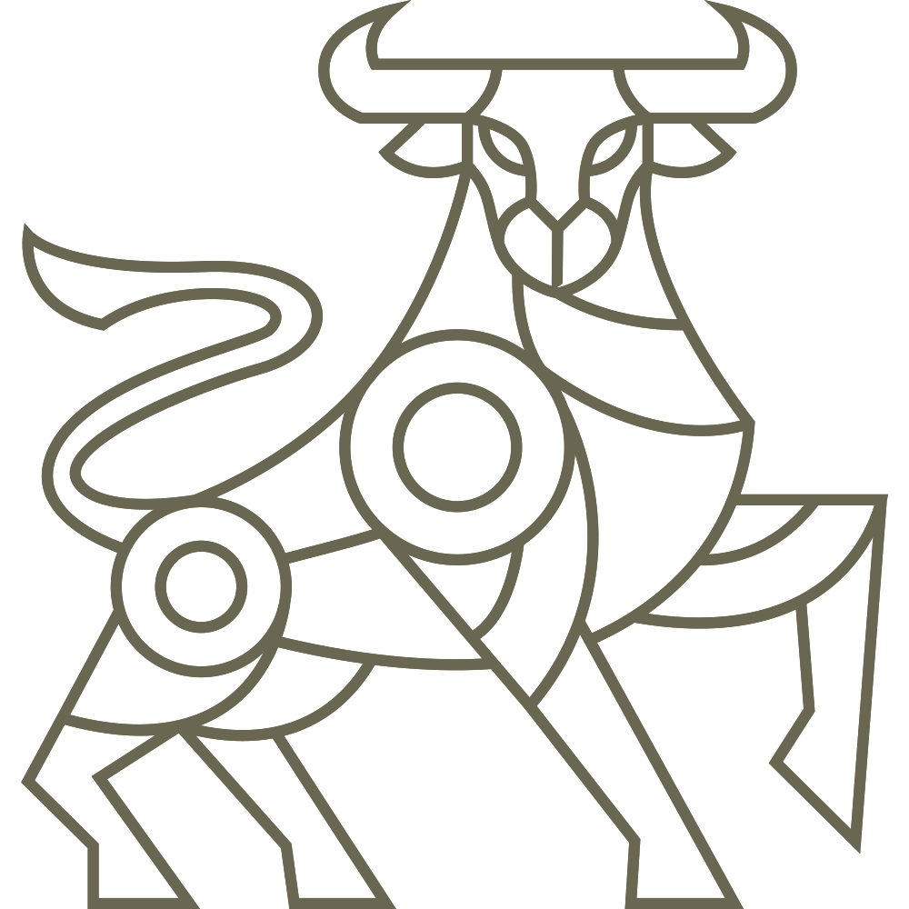 Delrin leather stamp design of a geometric bull standing in a bold, evenly weighted line style.