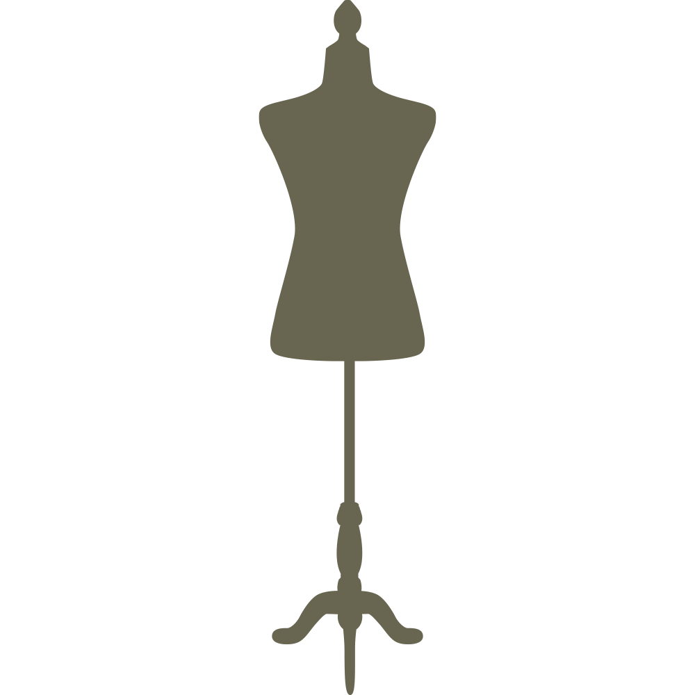 Vintage-style dress form silhouette with a narrow waist and tripod base, designed as a Delrin leather stamp—perfect for fashion-themed or sewing-inspired leather pieces.