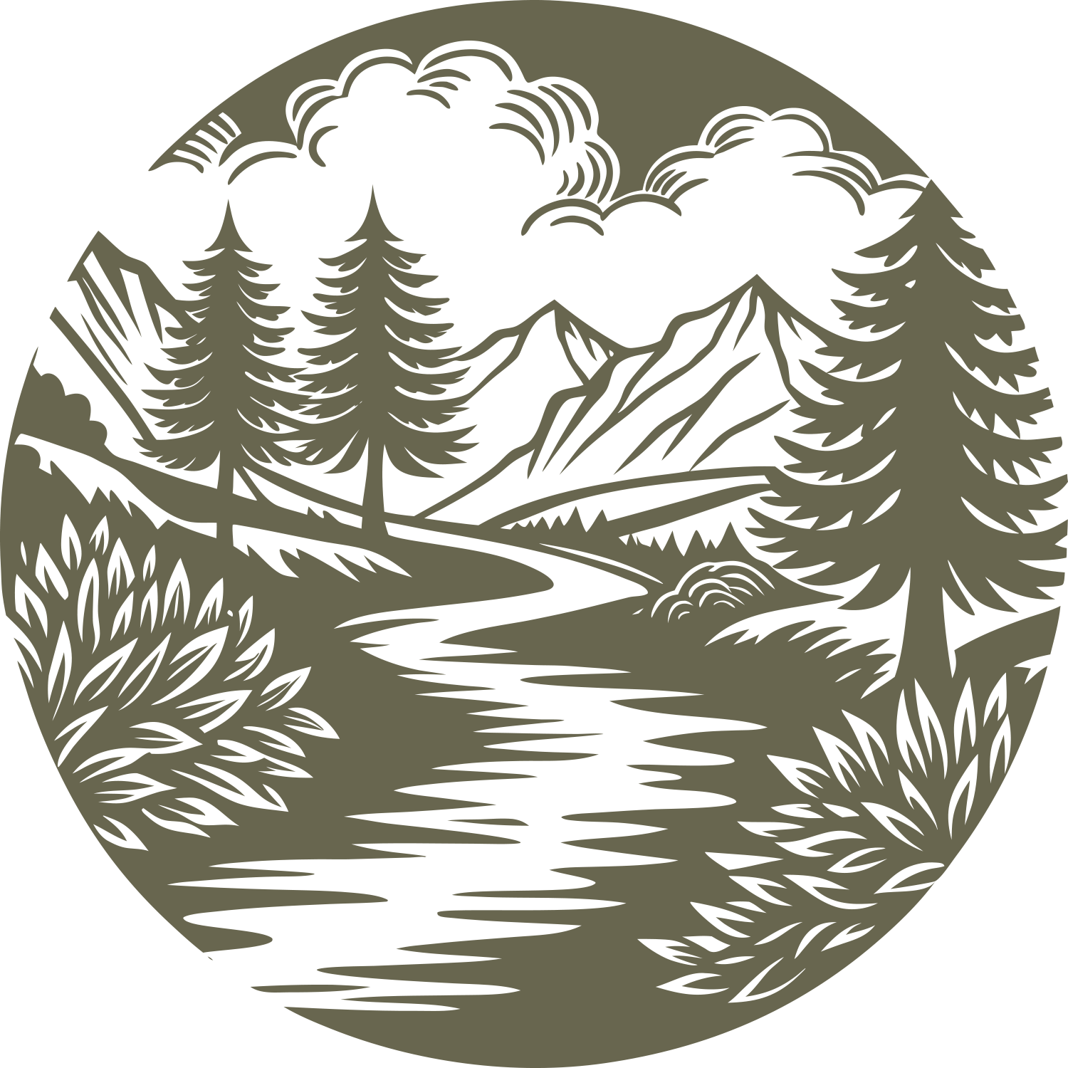 Circular landscape design featuring a winding river, pine trees, mountains, shrubs, and stylized clouds