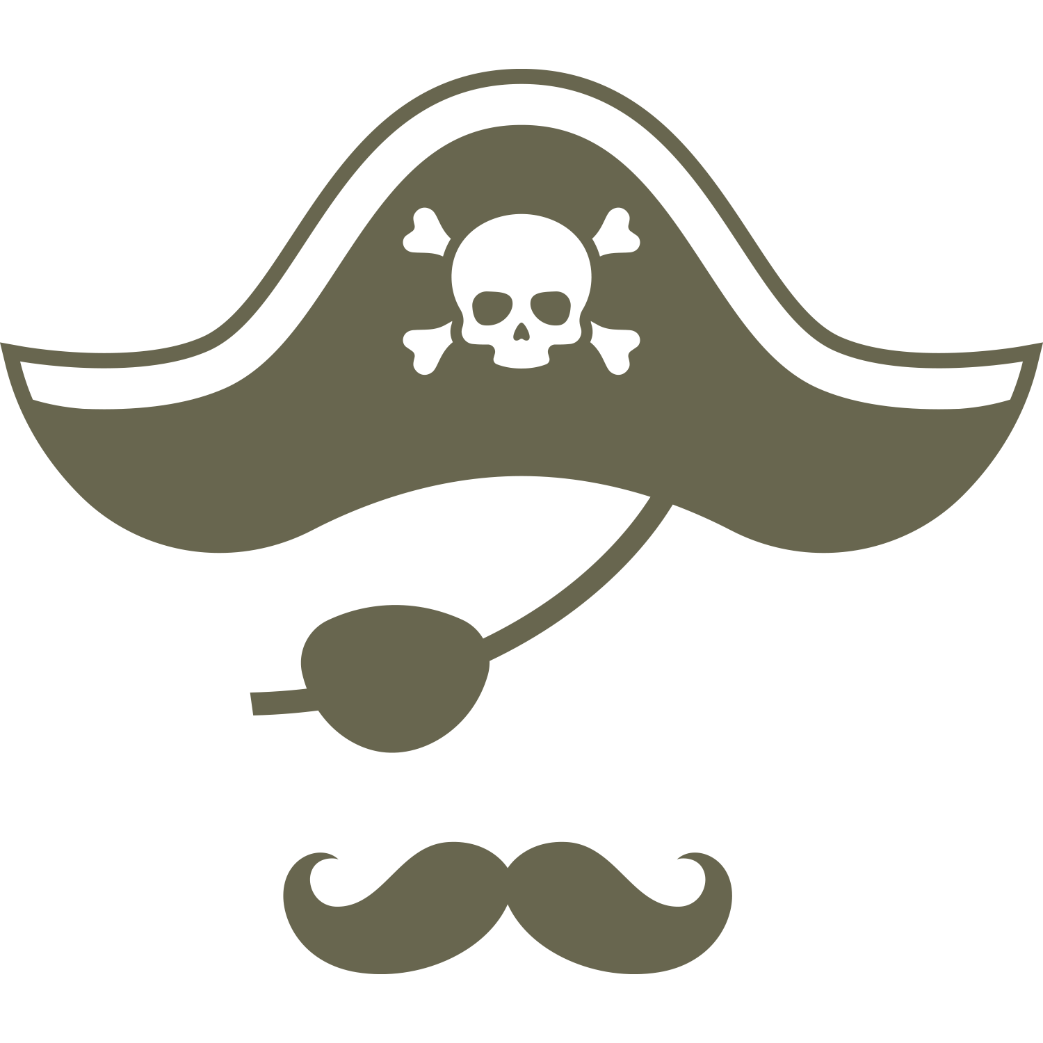 Pirate hat with skull and crossbones, pipe, and mustache in bold silhouette style