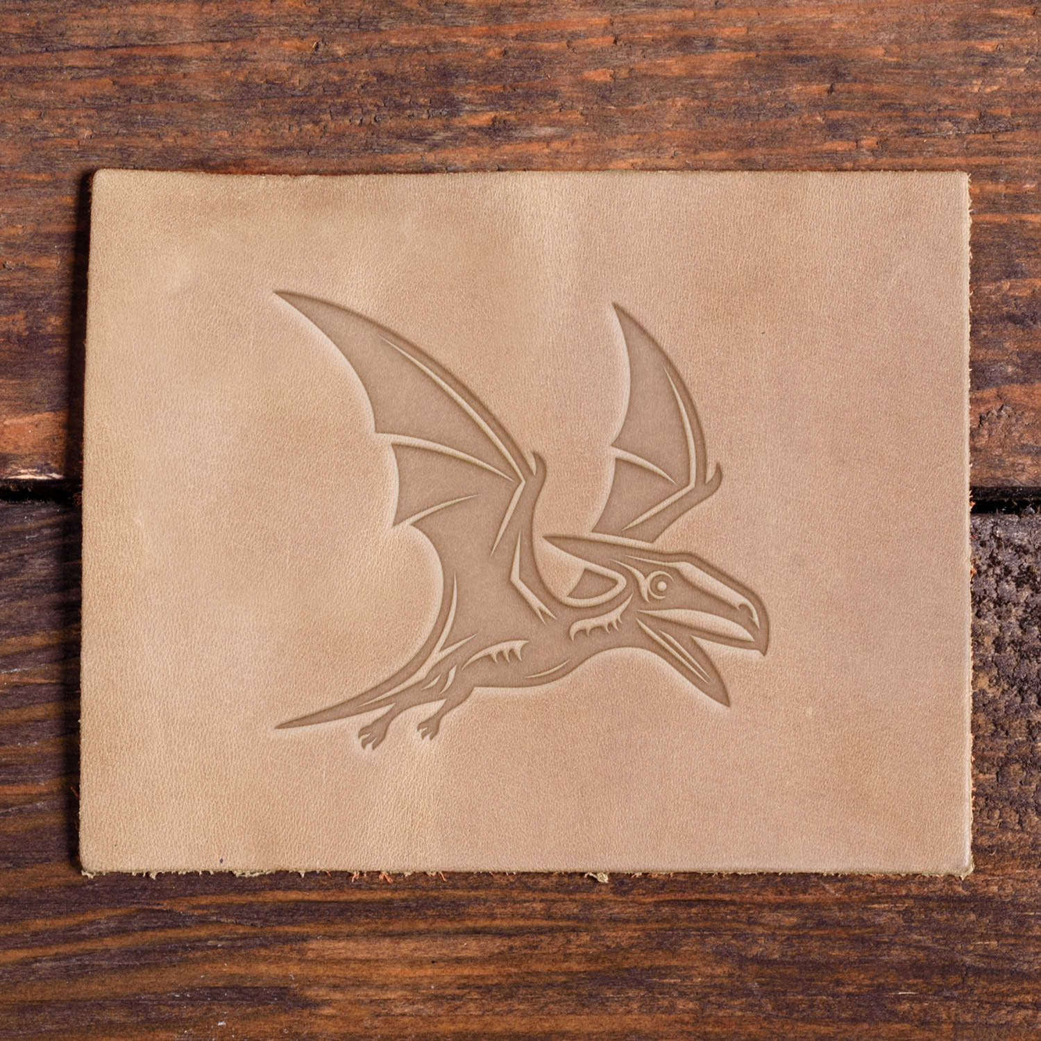 Leather sample showcasing a stamped pterodactyl dinosaur design using a Delrin leather stamp.