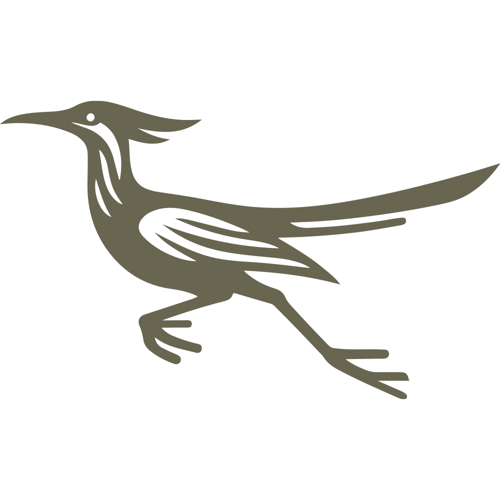 Stylized roadrunner silhouette in motion, with sweeping tail and crest—ideal for Delrin leather stamps used in Southwestern or desert-themed leathercraft.