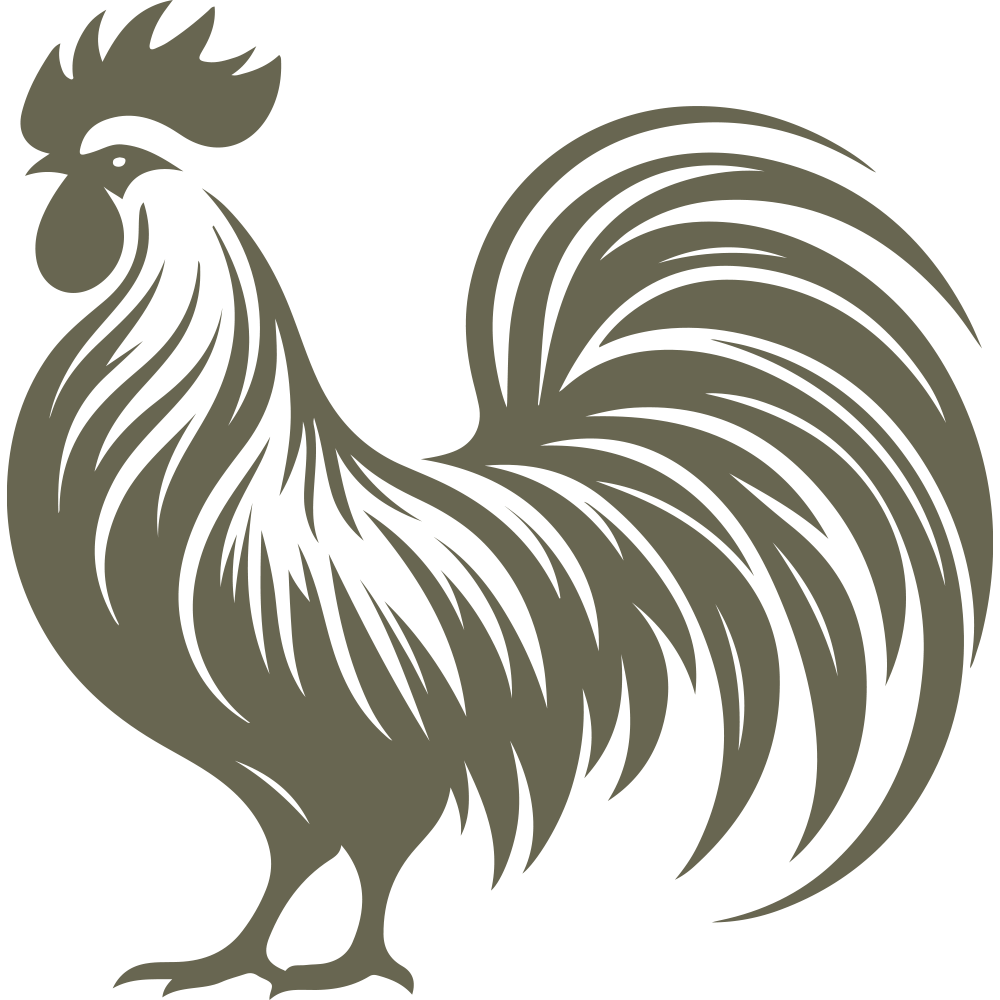 Detailed rooster silhouette with flowing tail feathers and proud stance—ideal for farm-themed leatherwork, kitchen decor, or rustic gifts.