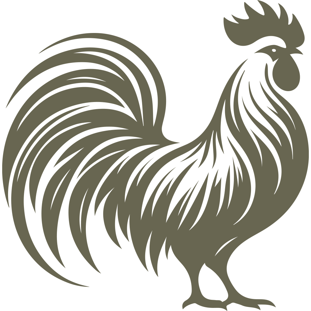Detailed rooster silhouette with flowing tail feathers and proud stance—ideal for farm-themed leatherwork, kitchen decor, or rustic gifts.
