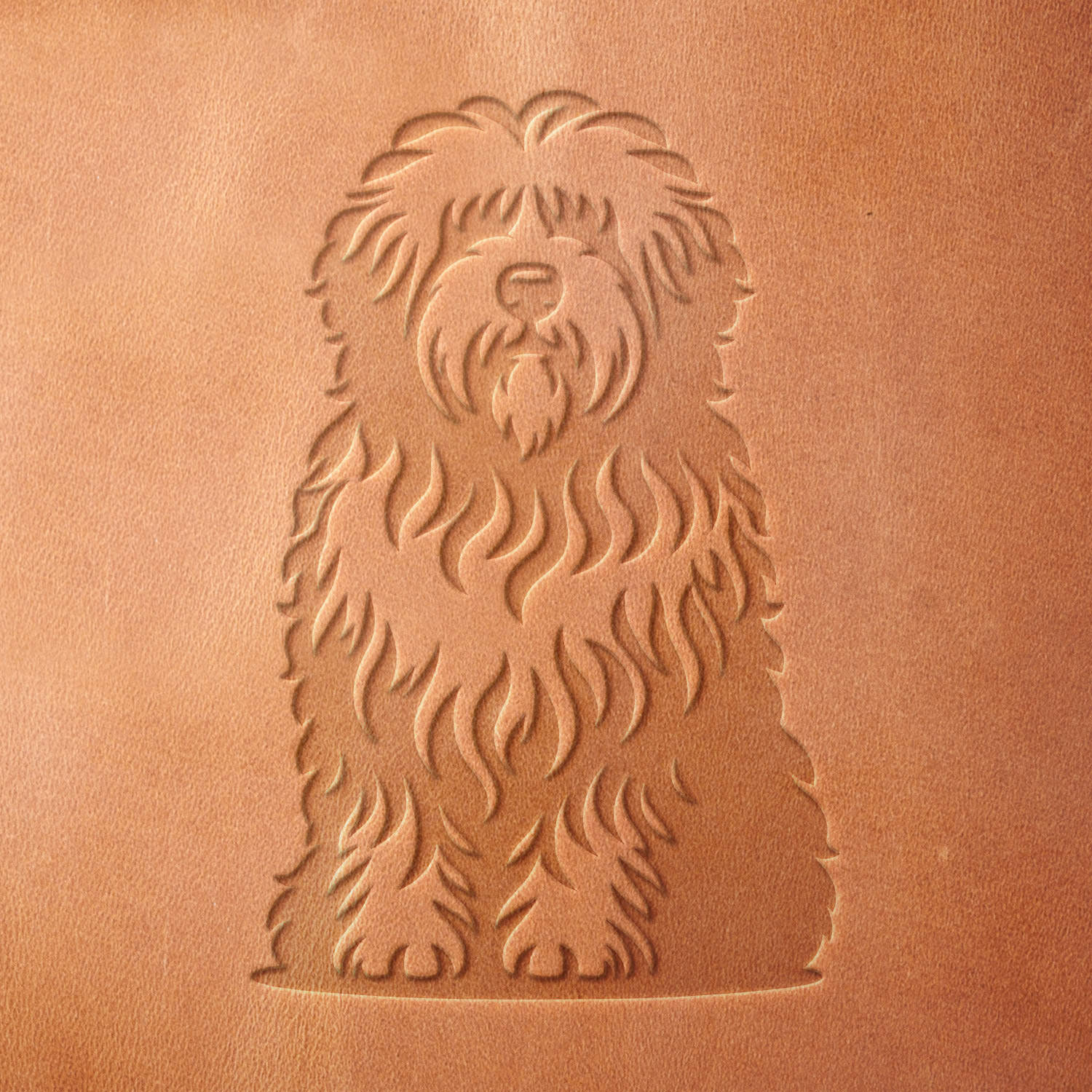 Leather sample showcasing a stamped fluffy dog design using a delrin leather stamp, highlighting the dog’s thick fur texture and gentle expression.