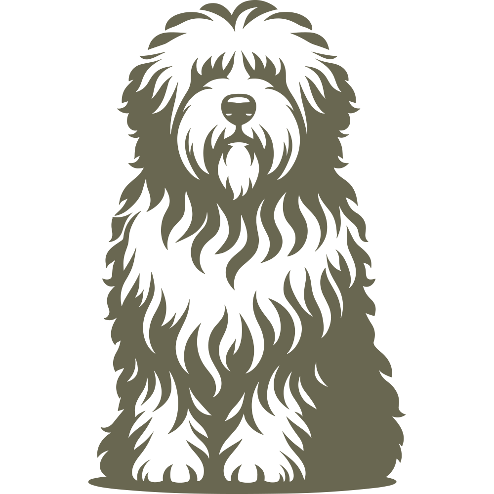 Fluffy dog design featuring a long, wavy coat, round nose, and a relaxed, seated posture.