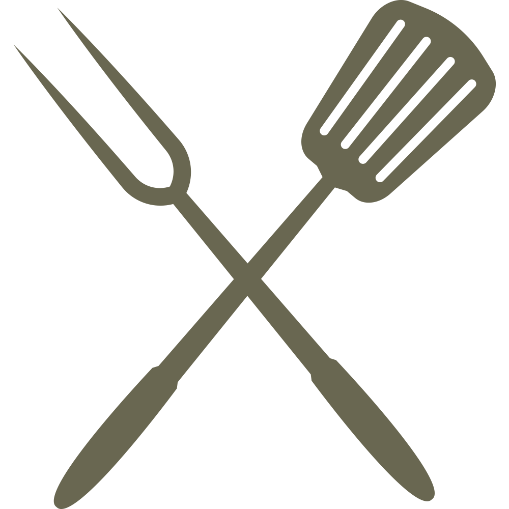Minimalist crossed grilling tools design featuring a spatula and a two-pronged fork in a clean, stylized arrangement.