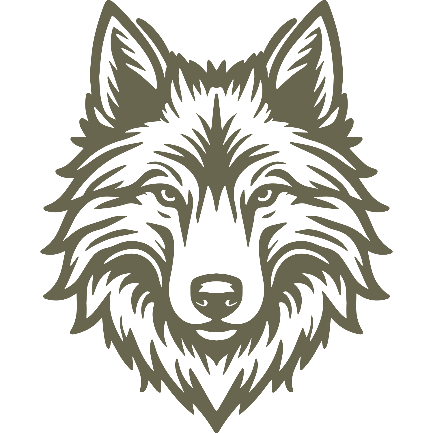 Illustration of a detailed wolf face designed for a Delrin leather stamp.