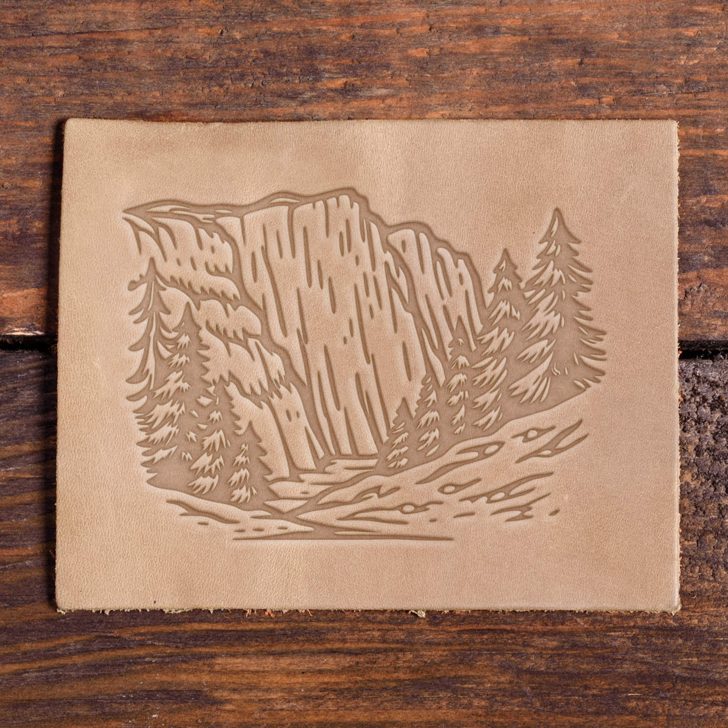 Yosemite cliff and forest scene stamped into leather using a Delrin stamp.