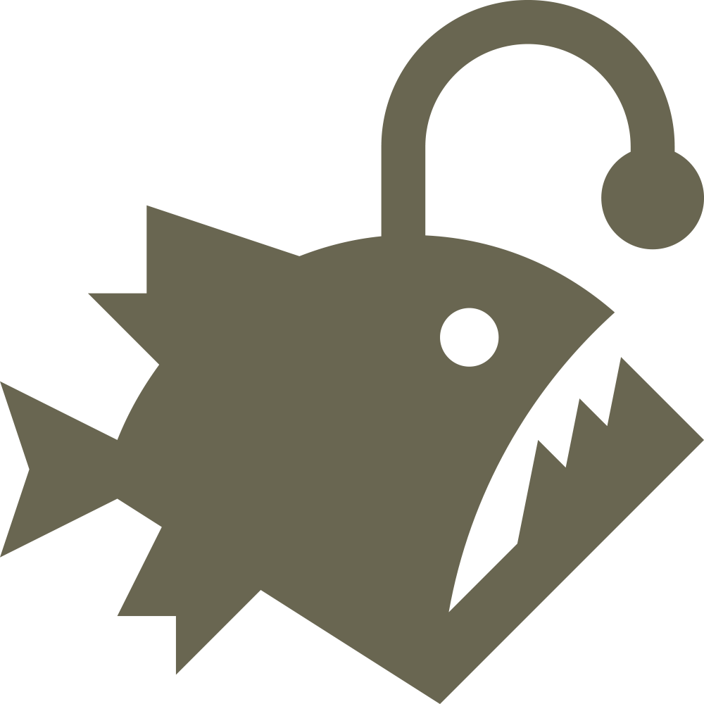 Delrin leather stamp design of an angler fish with a glowing lure and sharp fins, shown stamped into natural veg-tan leather.