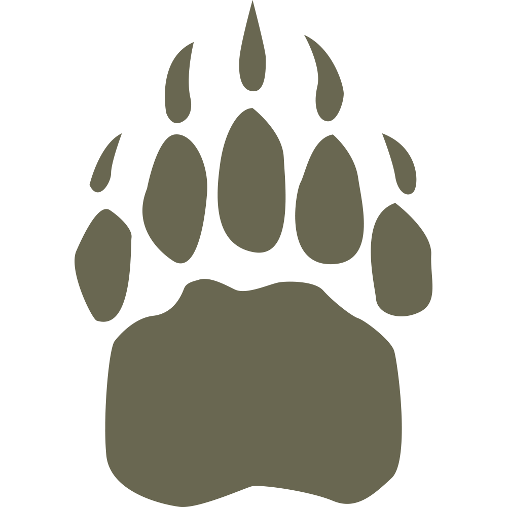 Silhouette illustration of a bear paw print with large pad and claw marks, designed for use as a Delrin leather stamp.