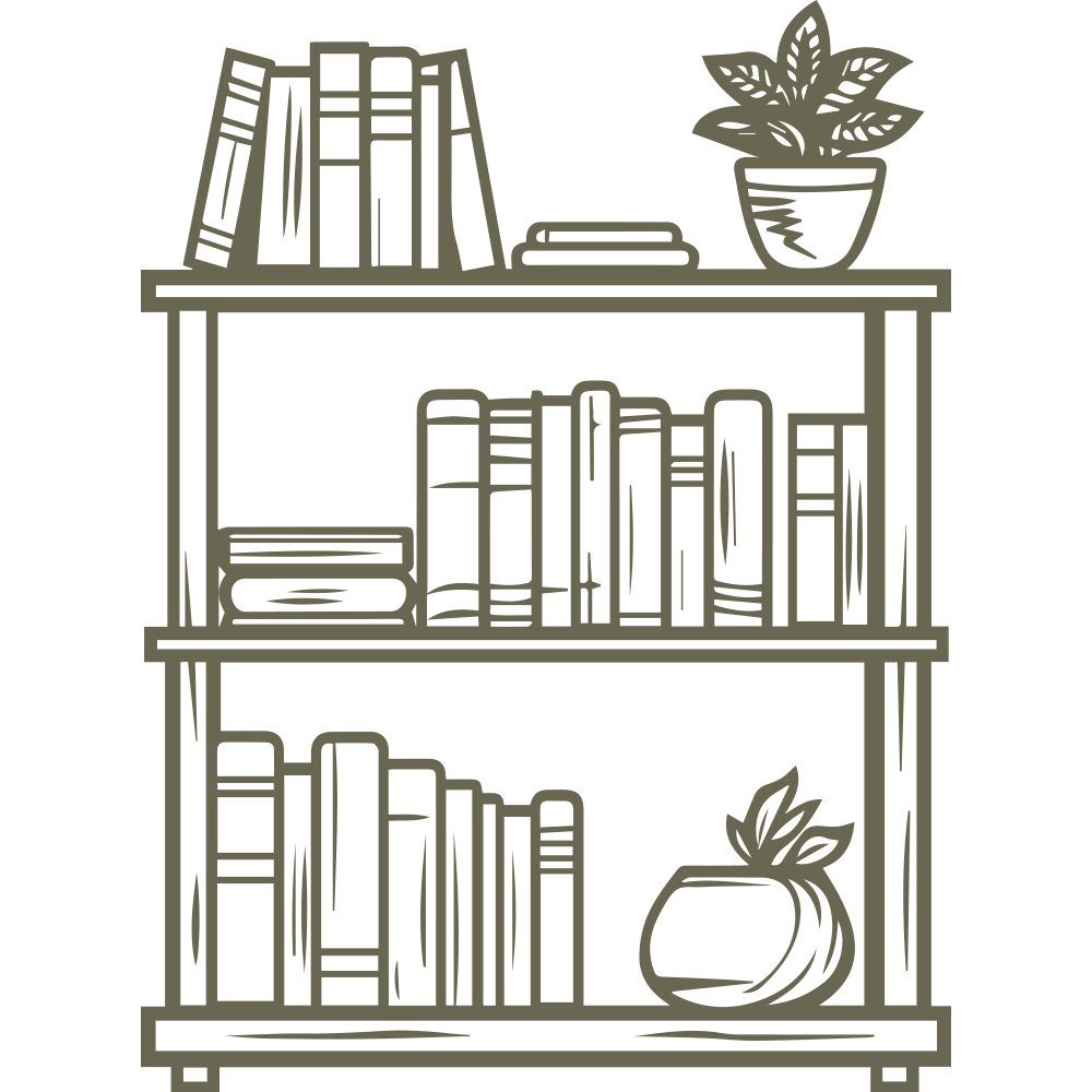 Detailed bookshelf design featuring stacked books, decorative plants, and a cozy aesthetic—perfect for book lovers, libraries, and literary-themed projects.