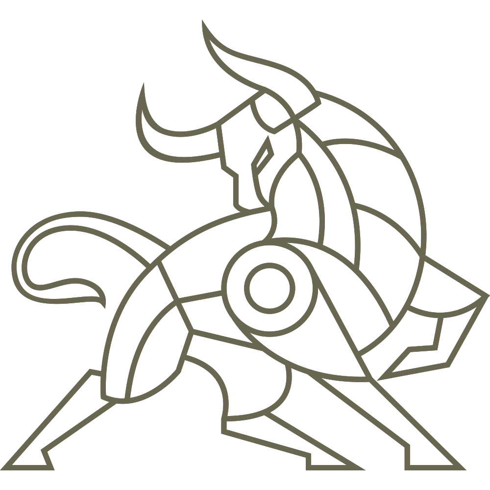 Delrin leather stamp design of a geometric bull in motion with angular, evenly weighted line details.