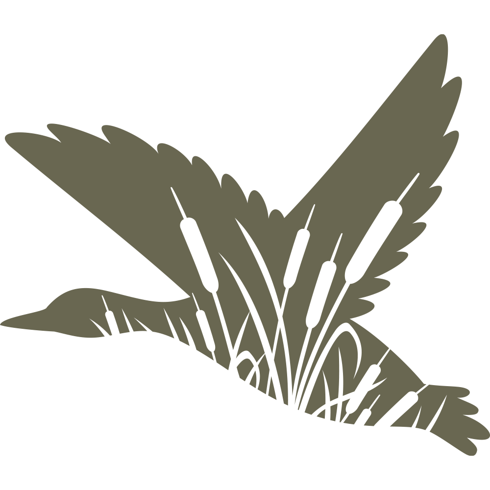Flying duck silhouette with detailed cattail reeds integrated into the wing design, capturing the essence of wetland wildlife.