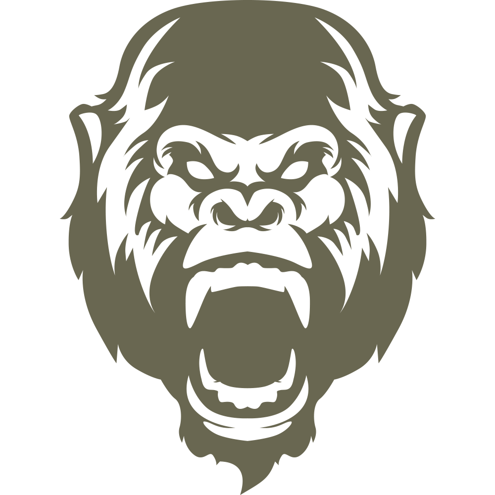 Delrin leather stamp design of a fierce gorilla head with bold facial features and an open mouth.