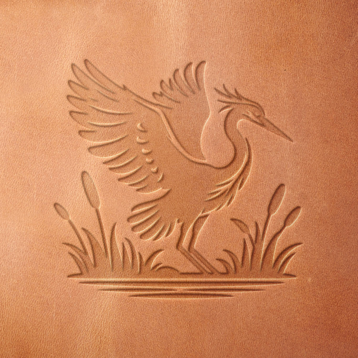 Leather sample featuring a stamped great blue heron with cattail reeds, created using a Delrin leather stamp—perfect for nature lovers, birdwatchers, and leathercraft enthusiasts.
