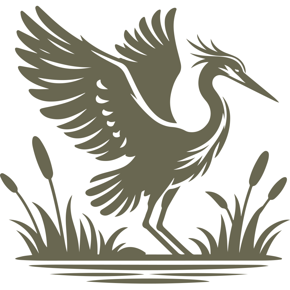 Graceful great blue heron design with outstretched wings, standing among cattail reeds, capturing the elegance of wetland wildlife.