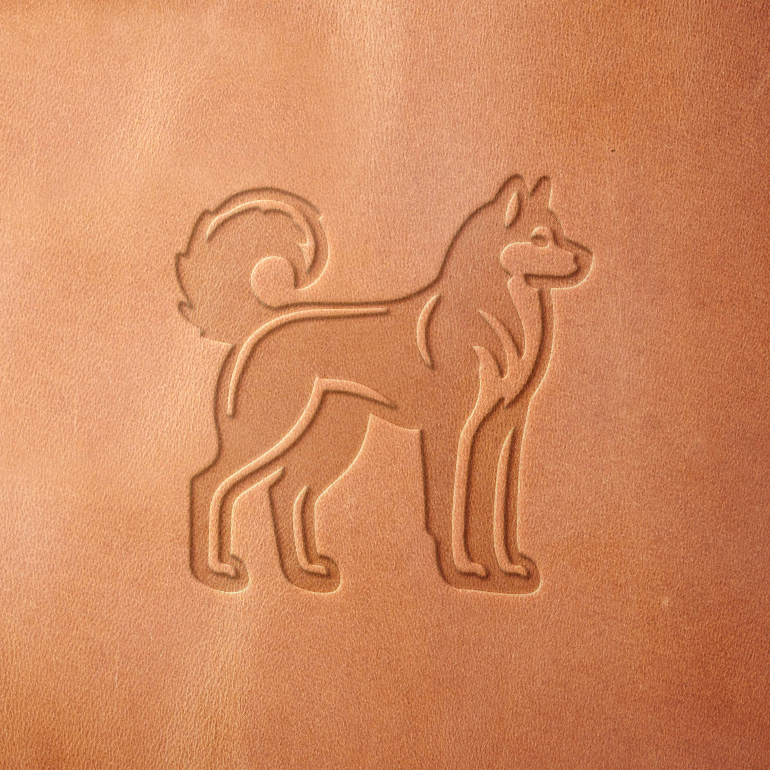 Leather sample featuring a stamped Siberian Husky, created using a Delrin leather stamp—perfect for dog enthusiasts, pet-themed crafts, and leather engraving.