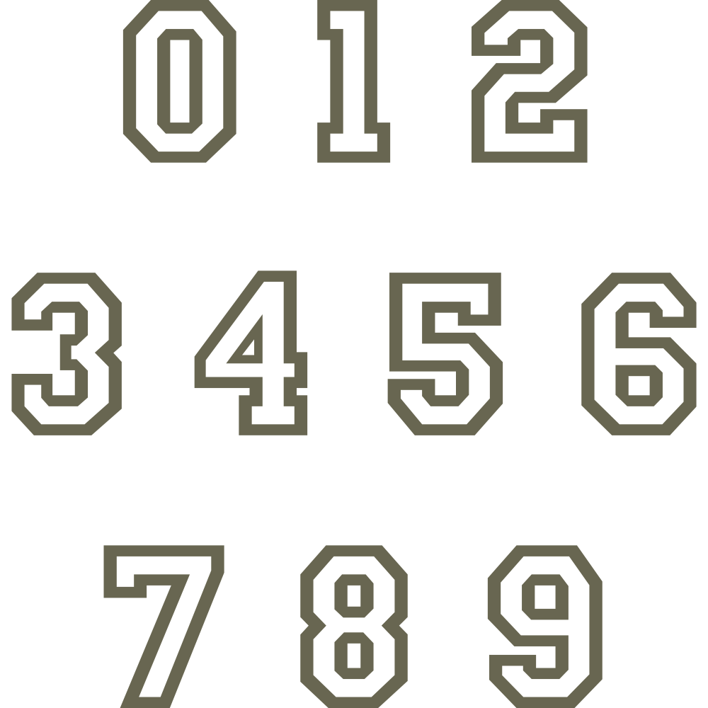 Bold varsity-style numbers 0 through 9 with blocky edges and sharp corners. Designed as a Delrin leather stamp set ideal for sporty or collegiate-themed projects.
