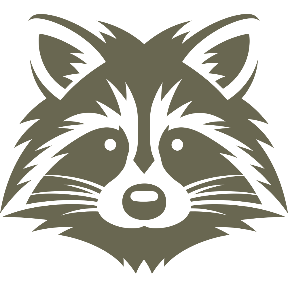 Stylized raccoon face design with bold lines and detailed fur markings, capturing the curious and mischievous nature of this woodland creature.
