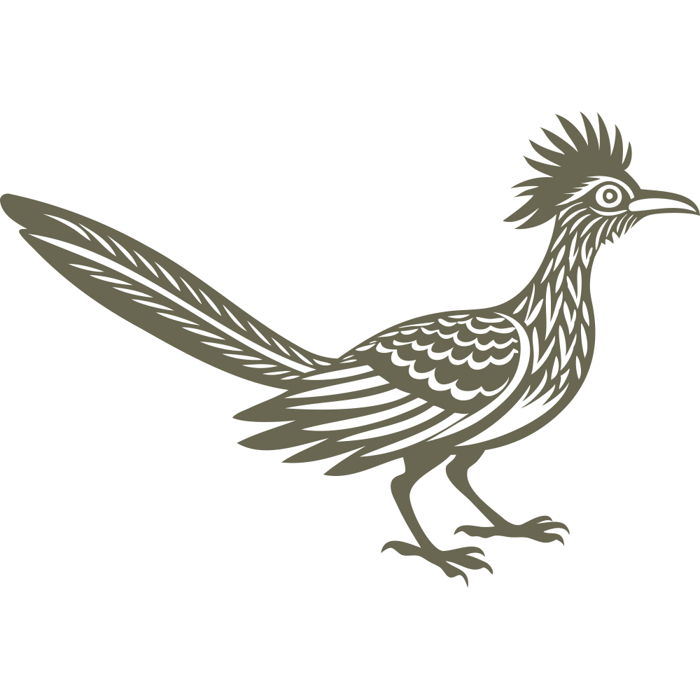 Detailed roadrunner design showcasing its distinctive crest, long tail, and alert stance—perfect for Southwestern-inspired leathercraft and wildlife enthusiasts.