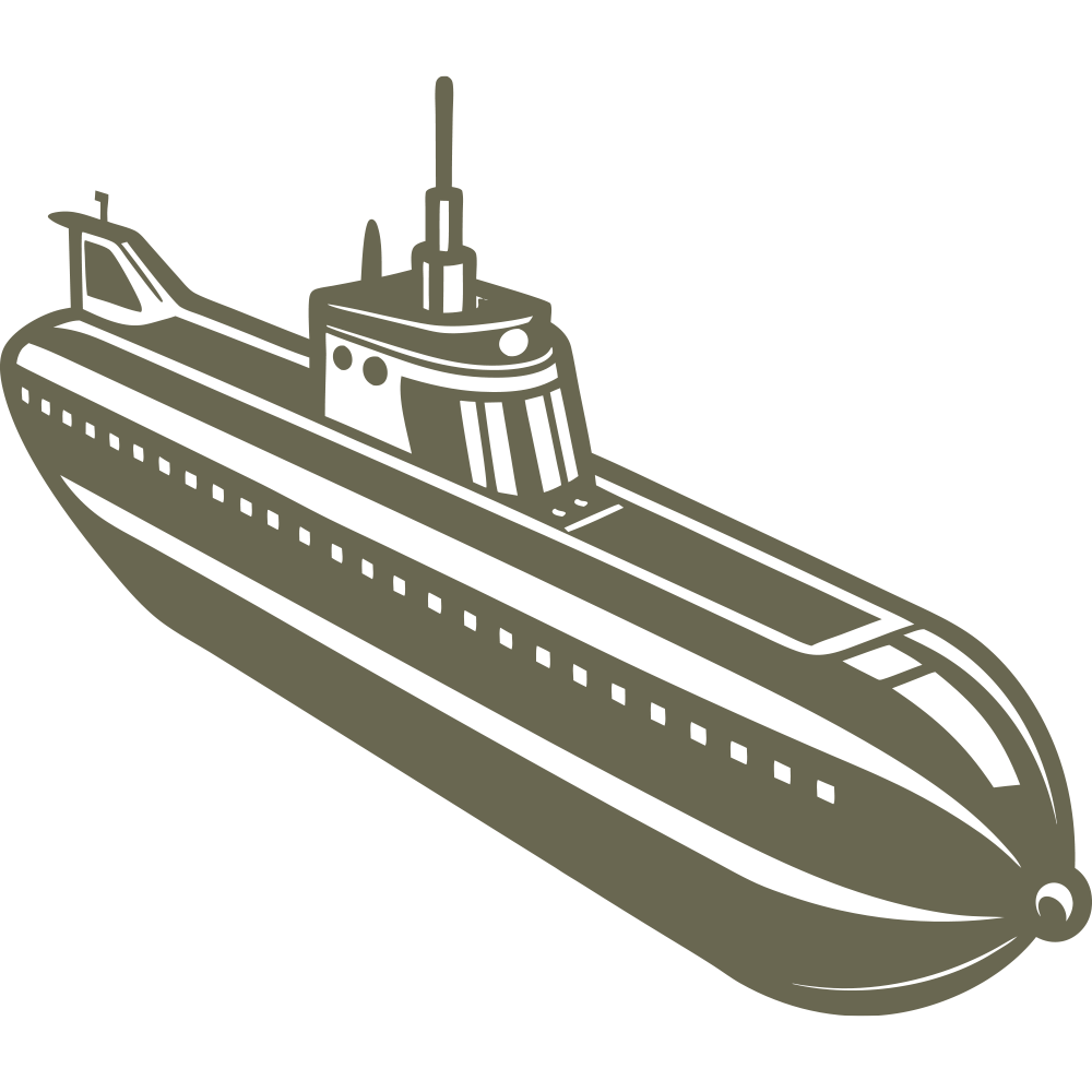 Detailed submarine design featuring a classic military-style vessel with a periscope and streamlined structure, ideal for nautical, naval, and maritime-themed projects.