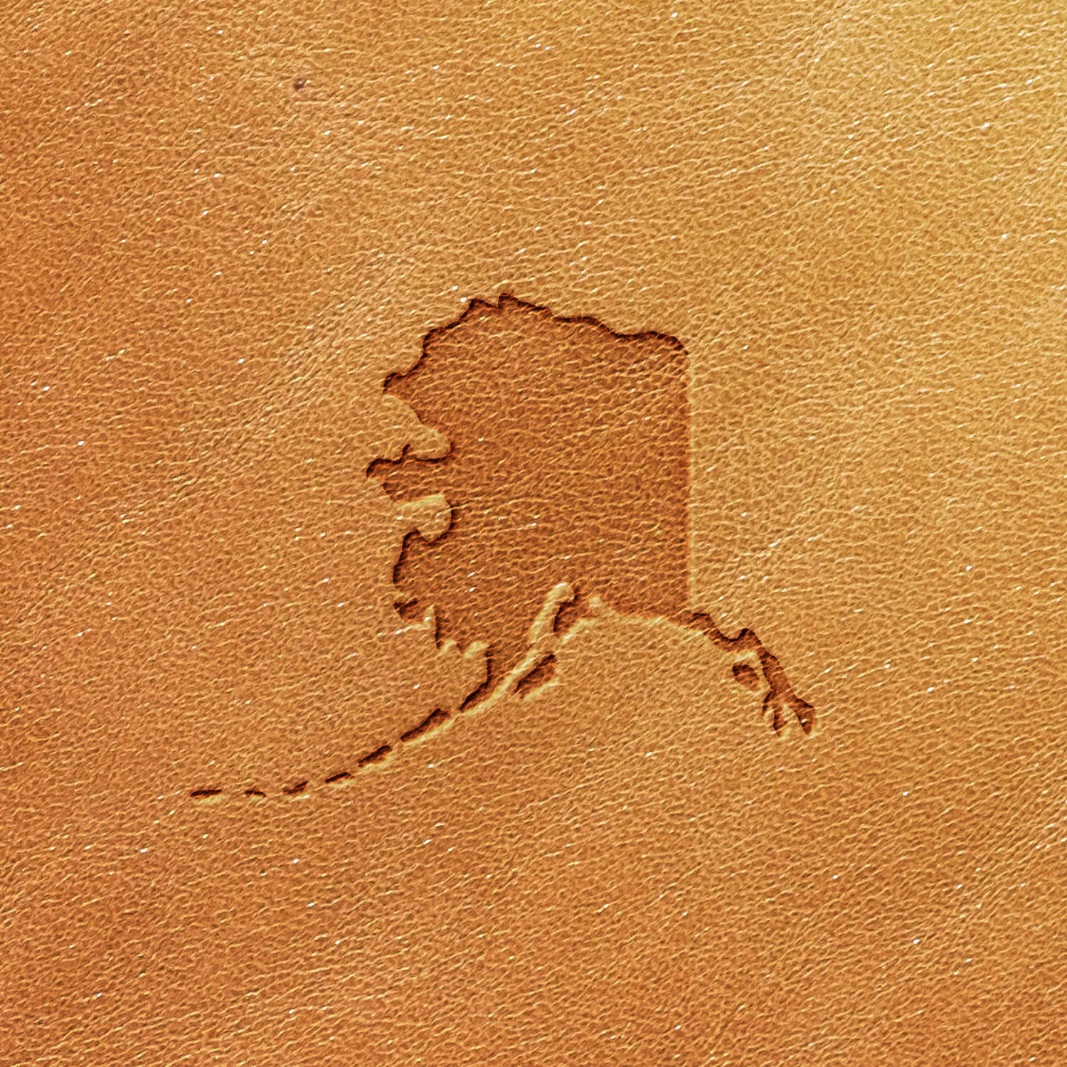 The Alaska Delrin Leather Stamp creates a prominent embossing of the state of Alaska's outline on a light brown leather surface. The leather's texture is enhanced, with the centered and highlighted shape of Alaska standing out against the rest of the material.