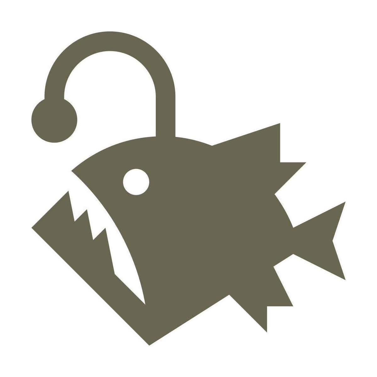 Delrin leather stamp design of an angler fish with a glowing lure and sharp fins, shown stamped into natural veg-tan leather.