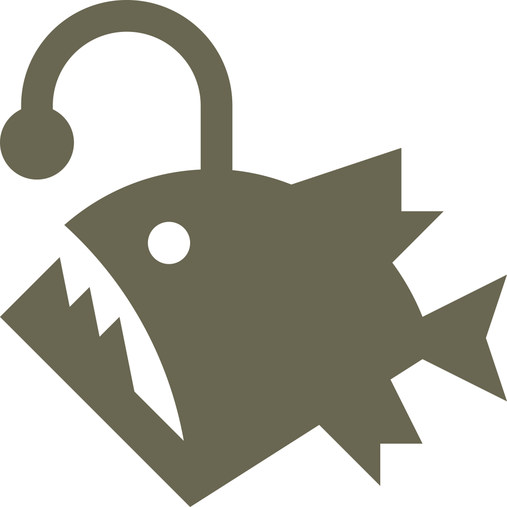 Delrin leather stamp design of an angler fish with a glowing lure and sharp fins, shown stamped into natural veg-tan leather.