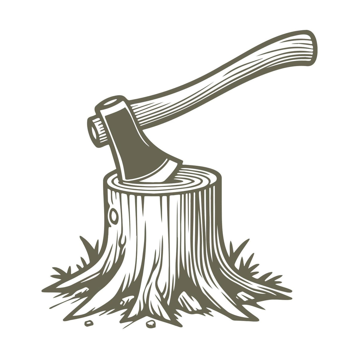 Axe in tree stump design for Delrin leather stamp with bark and woodgrain details.