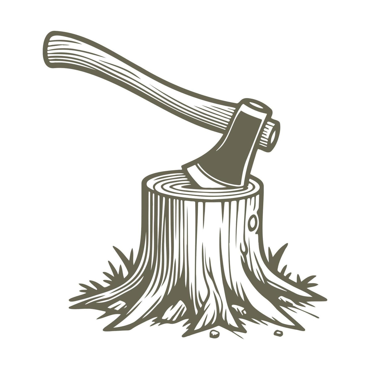 Axe in tree stump design for Delrin leather stamp with bark and woodgrain details.