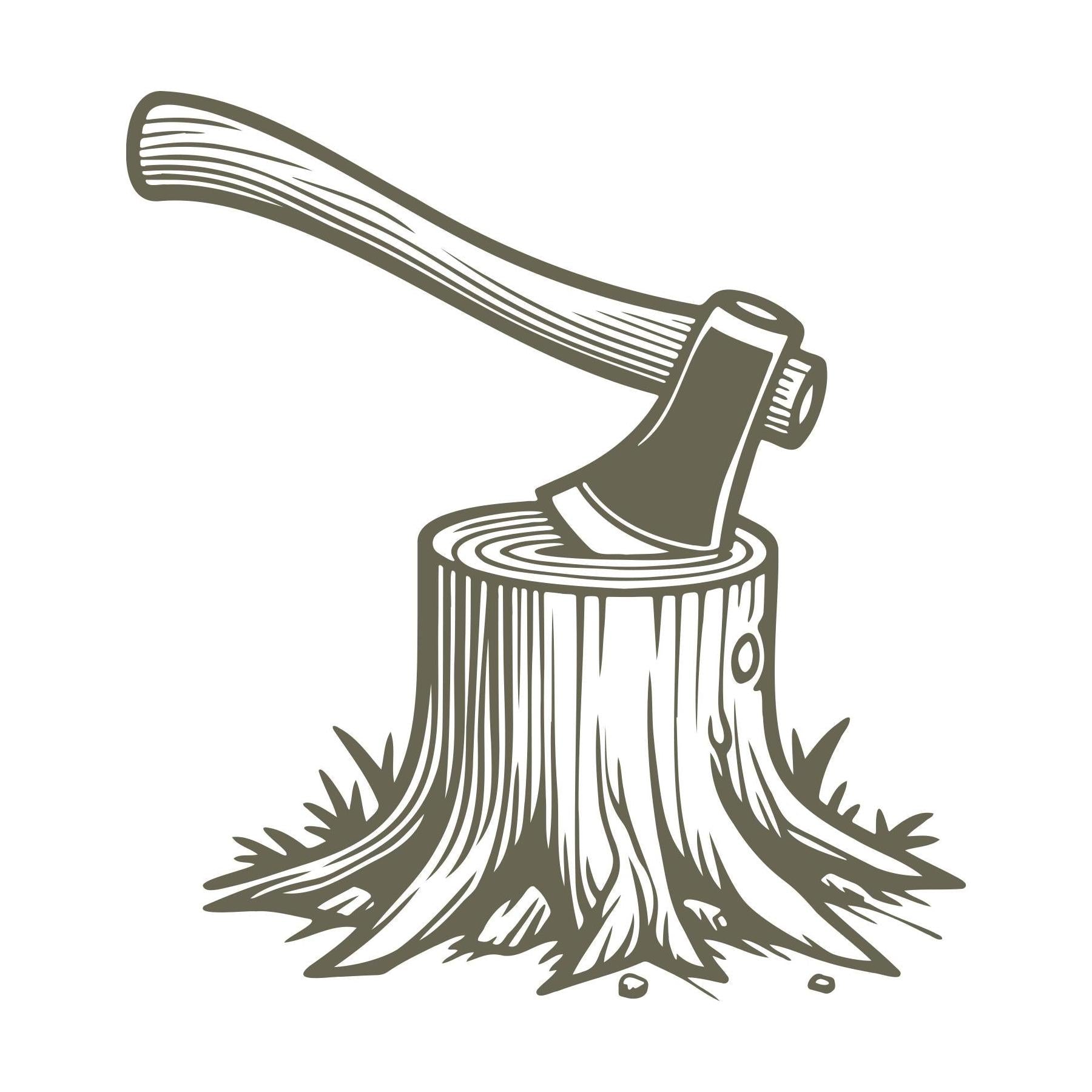 Axe in tree stump design for Delrin leather stamp with bark and woodgrain details.