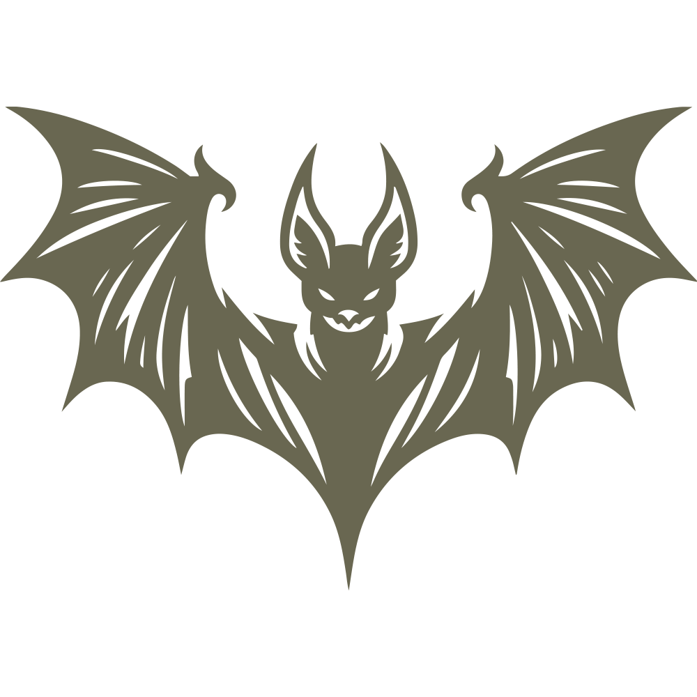 Stylized bat illustration with an angular, gothic-inspired design. Features a menacing expression, pointed ears, and outstretched wings adorned with curved, sharp details.